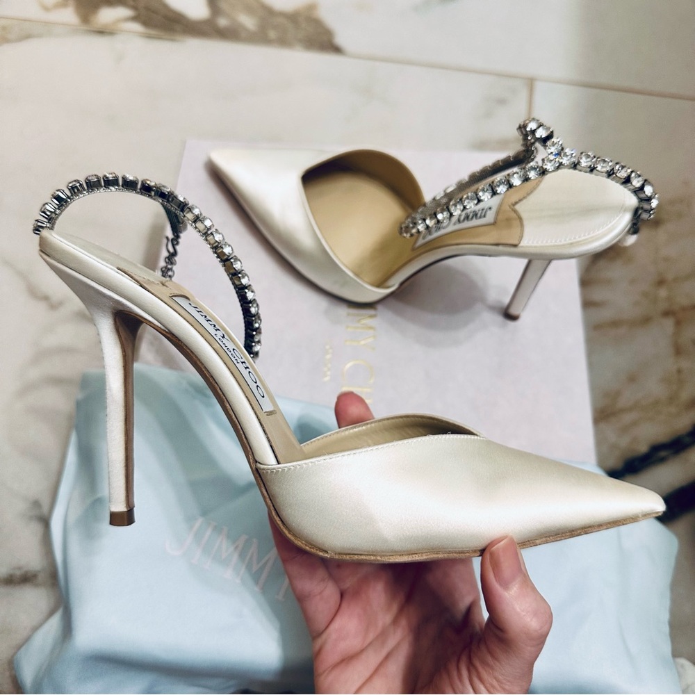 Jimmy Choo Saeda 100 Ivory Satin Heels with Crystal Embellishment